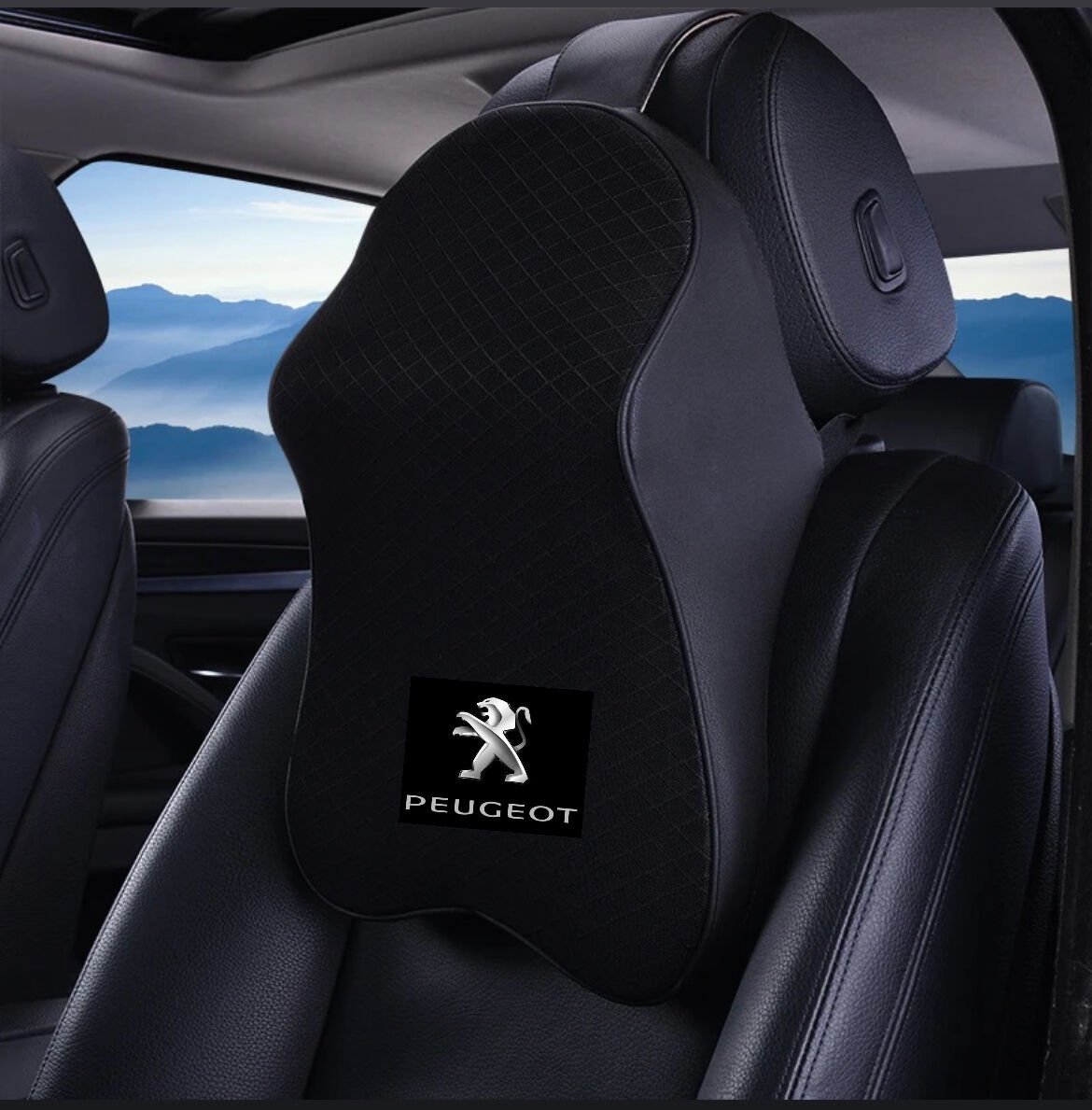 Araç Boyun Yastığı Ortopedik Siyah Kumaş Yanlar Deri ( Peugeot Logolu )